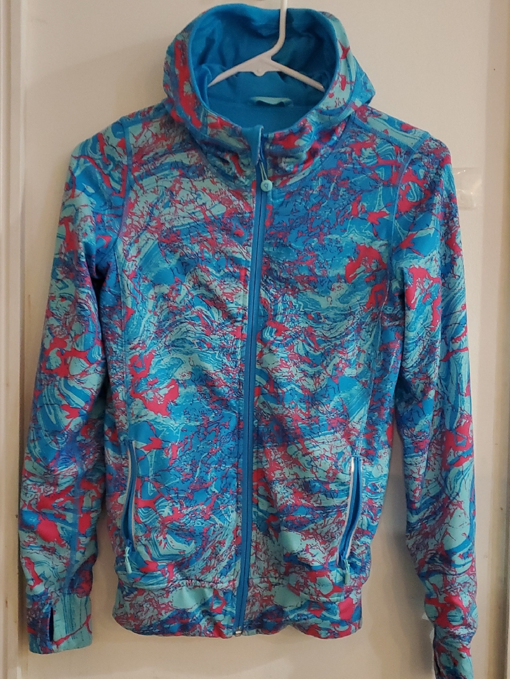 Ivivva Stretchy Jacket Size 10 Pink Blue Full Zip Reversible Hood Pony Tail